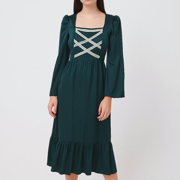 ROSANI‎ x VINTAGE Prairie Festival Emerald Green Long Sleeve Dress - Picture 1 of 9